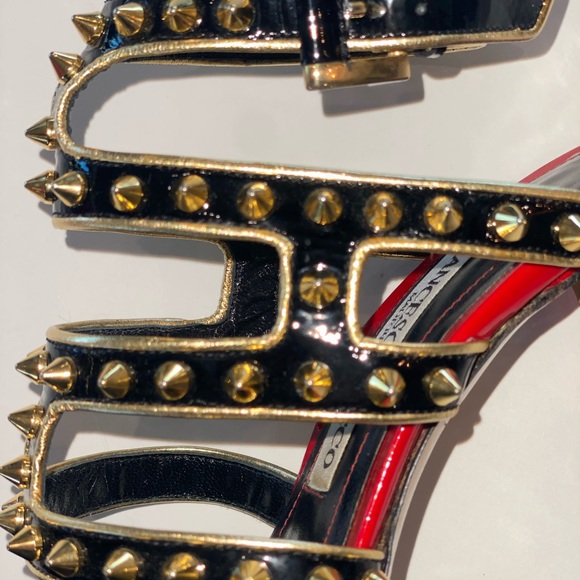Francesco Sacco Black Patent w/Gold Studs & Red Trim, Ankle Strap, Sz 7.5, Italy - Picture 13 of 15